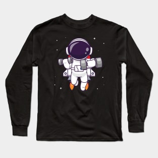 Cute Astronaut Lifting Dumbbell With Rocket Cartoon Long Sleeve T-Shirt